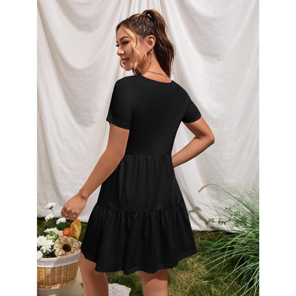 Short sleeve Ruffle Hem boho mini Dress black - Picture 3 of 12
